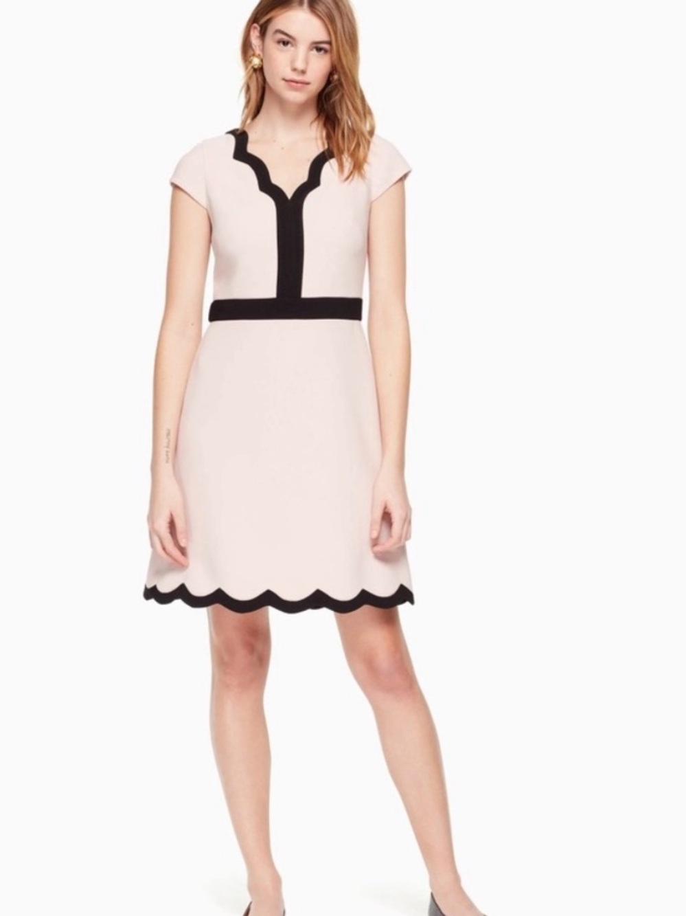 kate spade Blush and Black Scallop-Trim Cap Sleeve Dress